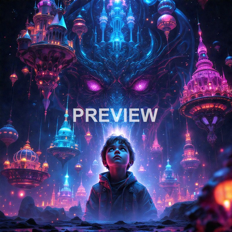 A young boy gazes upward at a fantastical, glowing castle floating in a surreal, cosmic landscape with vibrant neon colors and intricate structures.